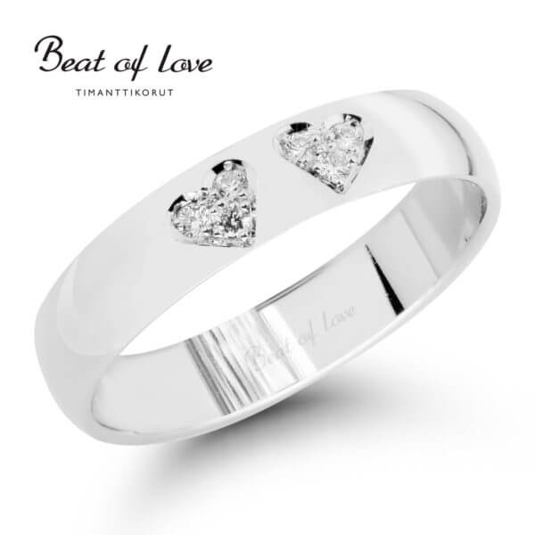 Beat of Love tuplasydän timanttisormus RO-015-VKP-4 valkokultaa