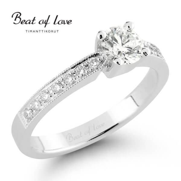 Beat of Love timanttisormus flakkarunkoinen solitaire sivutimanteilla