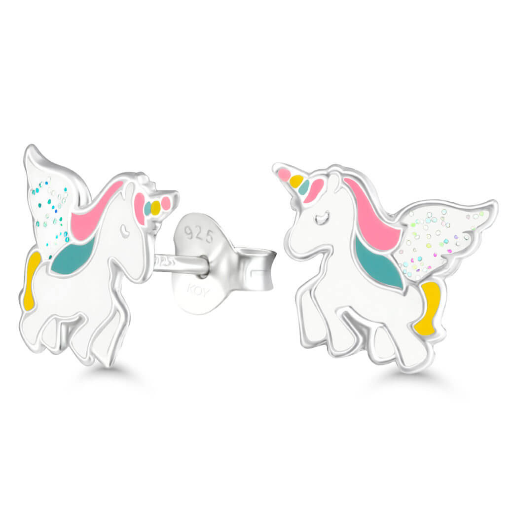 Lasten ykssarvinen unicorn hopeakoruvakorut emaloitu glitter E-3440pink