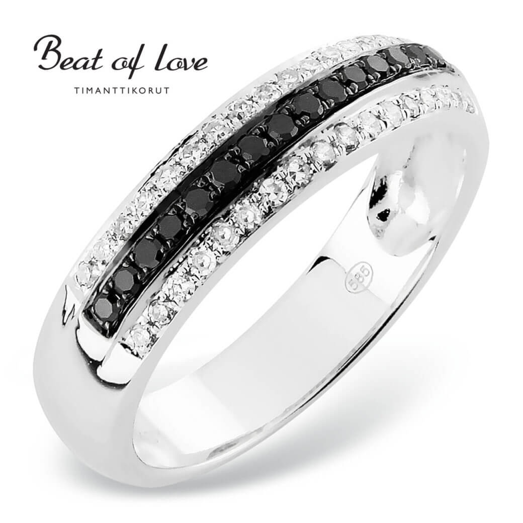 Beat of Love -timanttisormus valkokultaa mustilla ja kirkkailla timanteilla-0