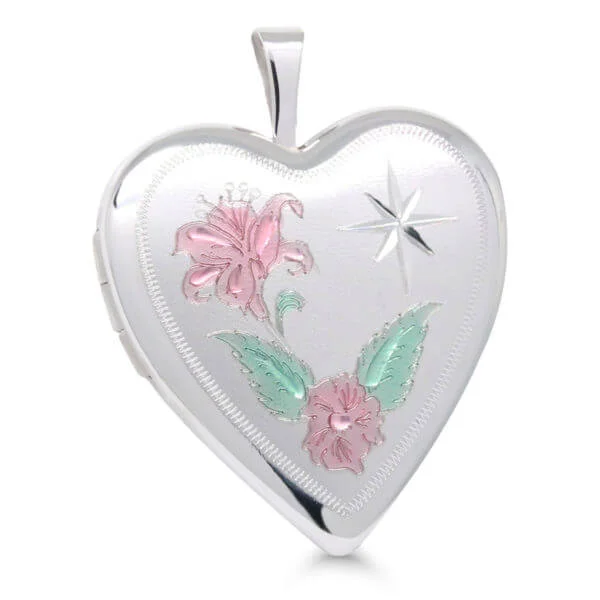 Hopeamedaljonki sydän 21mm kukka-0