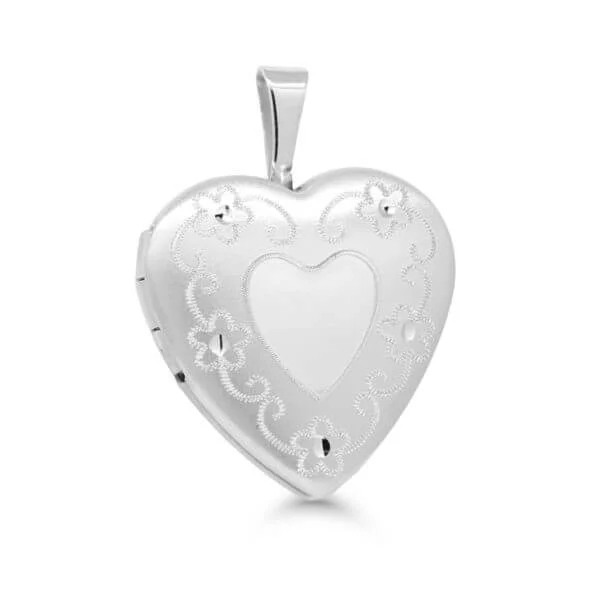 Medaljonki hopeaa sydän, kukat ja köynnös kaiverrus