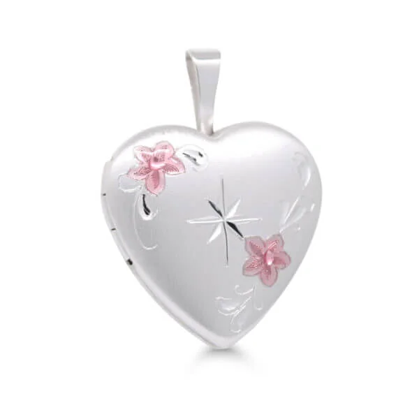 Hopeamedaljonki sydän 17mm kukat ja tähti