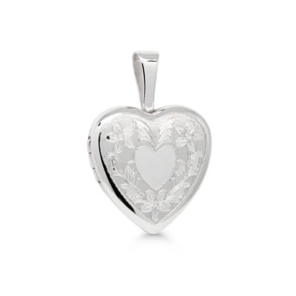 Hopeamedaljonki sydän 13mm sydän ja kukat kaiverrus