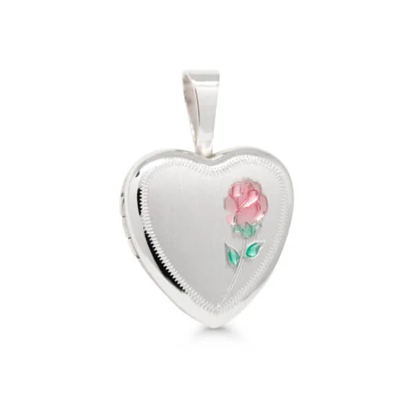Hopeamedaljonki sydän 13mm värikäs kukka kaiverrus