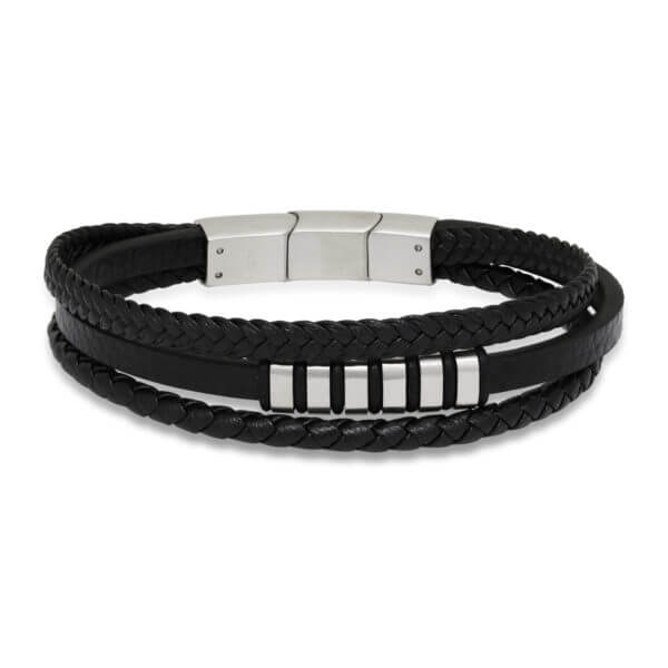 Musta kolminkertainen nahkarannekoru teräspaloilla-224344