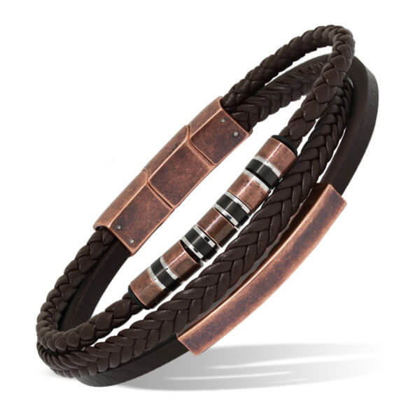 Nahkainen teräsrannekoru antiikkipunakullattua terästä