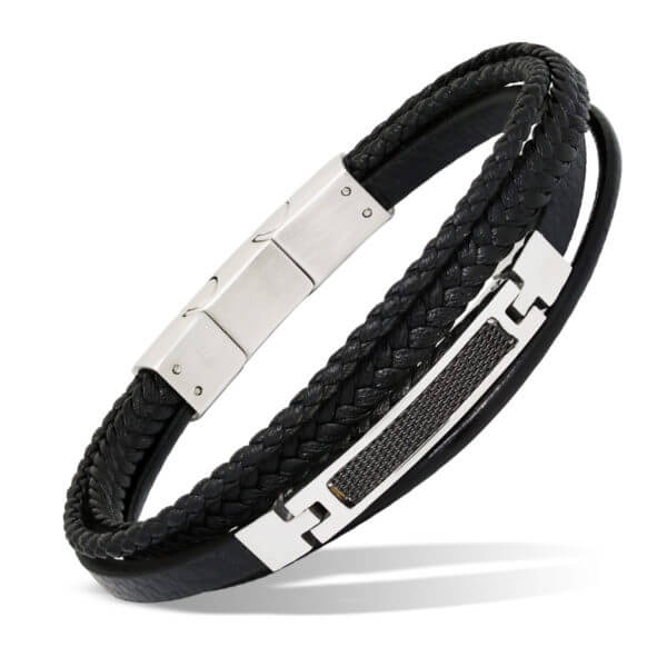 Miesten musta moninkertainen nahkarannekoru teräslukolla