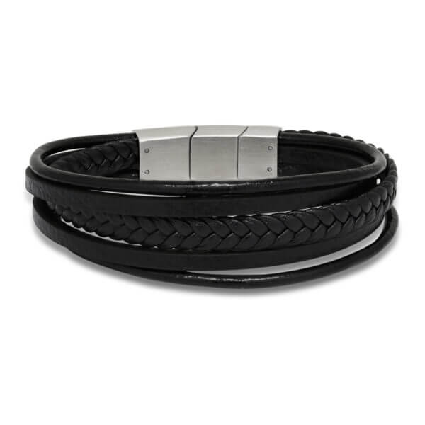 Musta viisinkertainen nahkarannekoru teräslukolla-224352