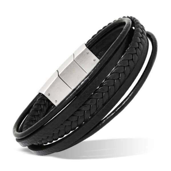 Miesten nahkarannekoru mustaa nahkaa moniosainen