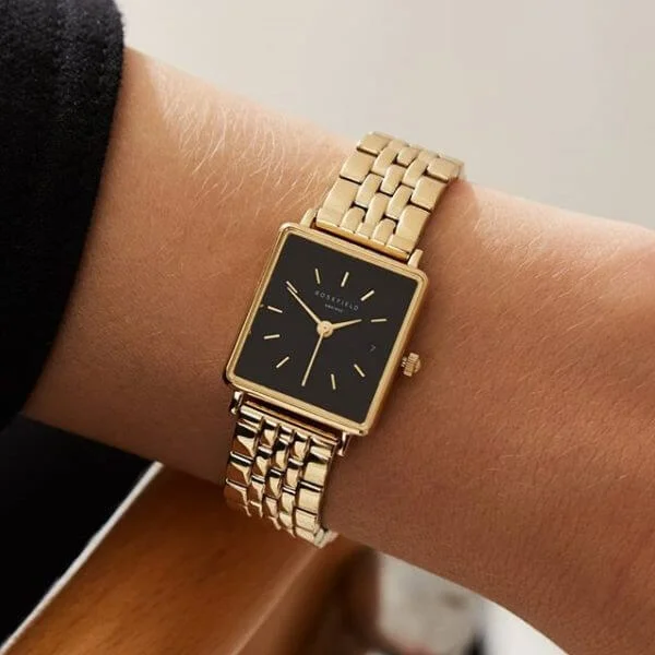 Rosefield - The Boxy XS - keltakullattu teräsranneke, musta kellotaulu-224817