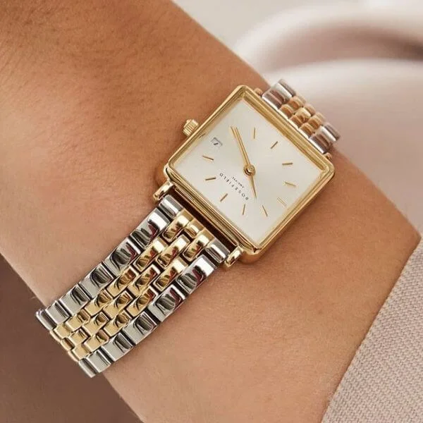 Rosefield - The Boxy XS - kulta/teräs kaksivärinen teräsranneke, vaalea kellotaulu-224816