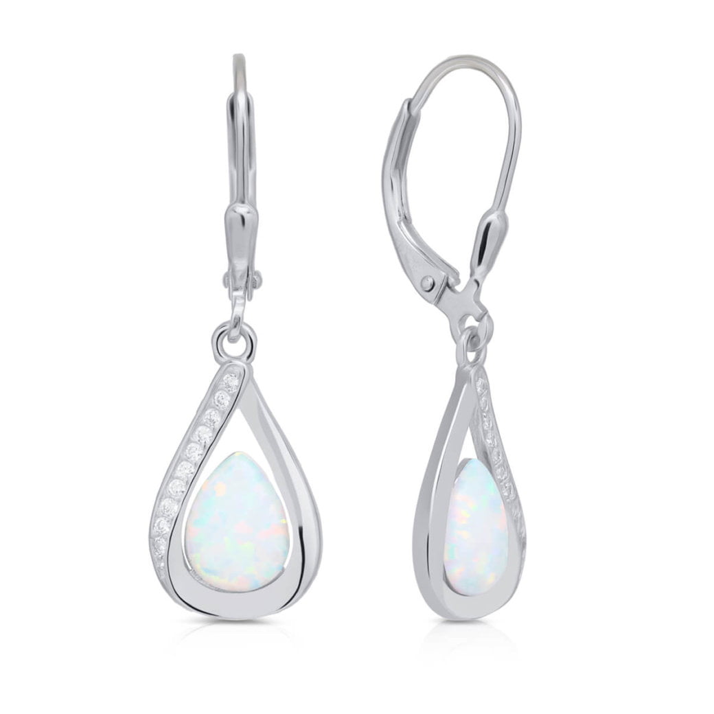 Hopeakorvakorut roikkuvat valkoiset opaali pisarat zirkoneilla