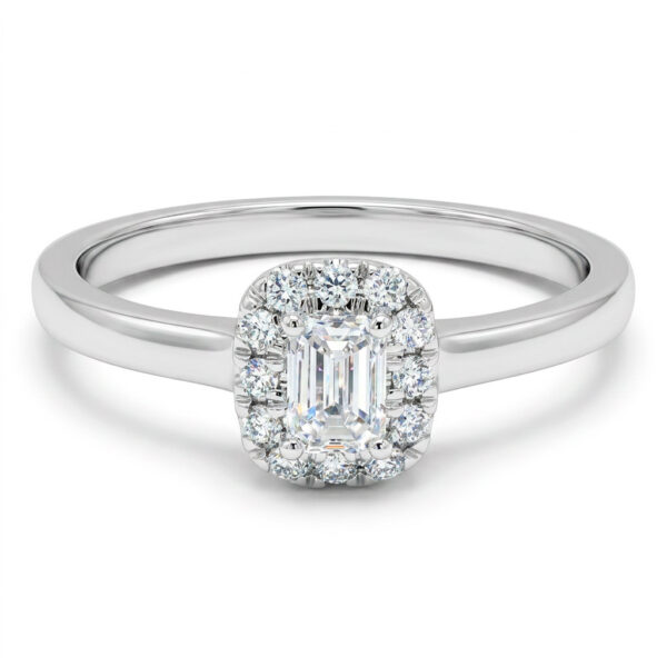 Laboratoriotimanttisormus suorakaide halo 14K valkokultaa