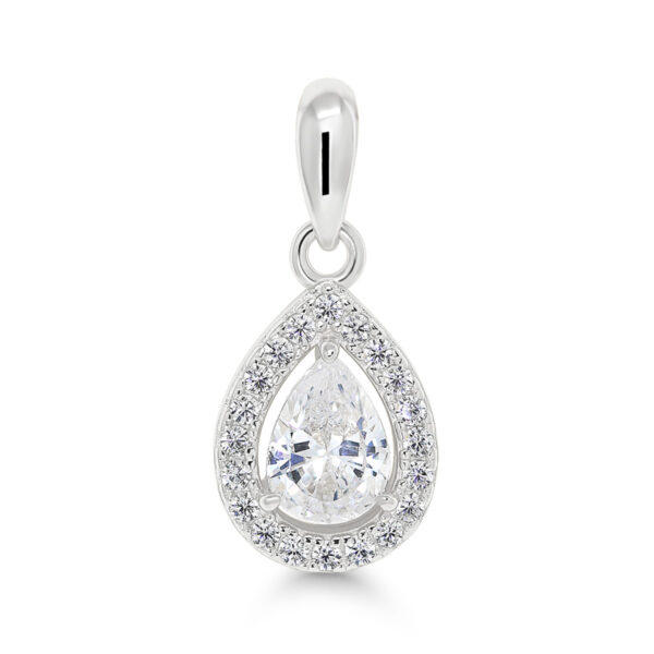 pisaranmuotoinen haloriipus hopeaa kirkkailla kivillä