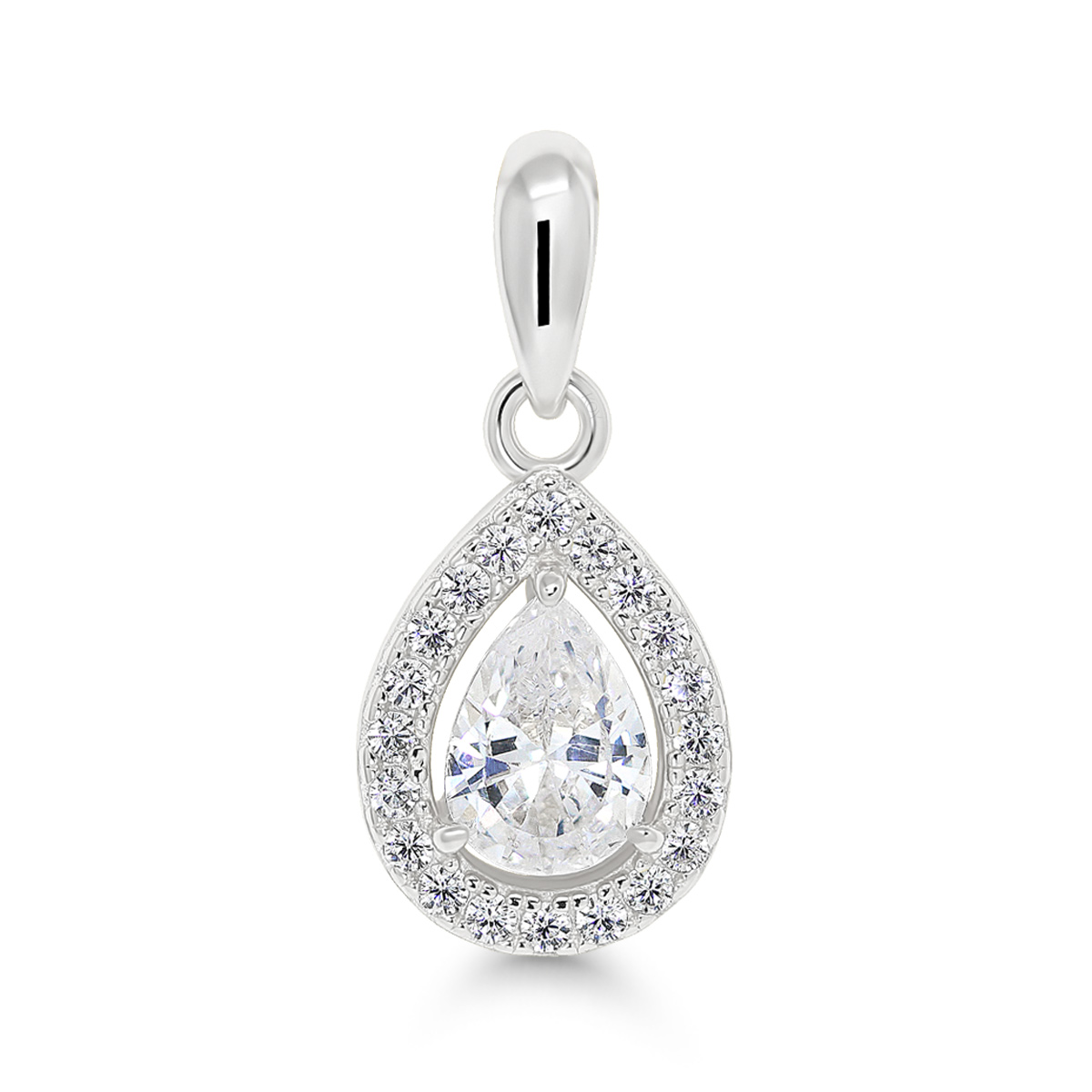 pisaranmuotoinen haloriipus hopeaa kirkkailla kivillä