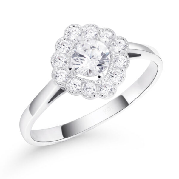 koristeellinen halo sormus hopeaa zirkoneilla