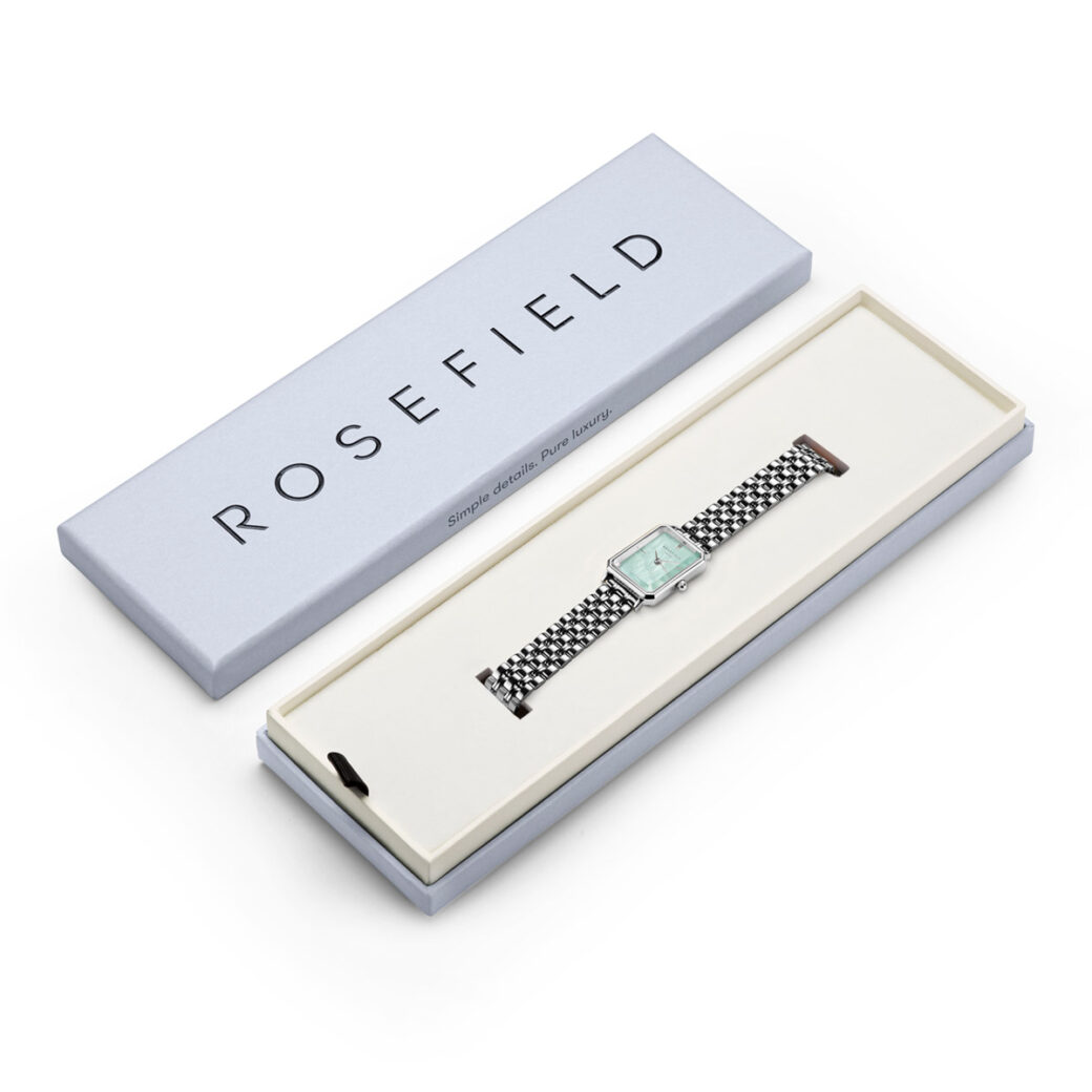 Rosefield - The Octagon XS - Hopeanvärinen ranneke, mint green kellotaulu - Image 5