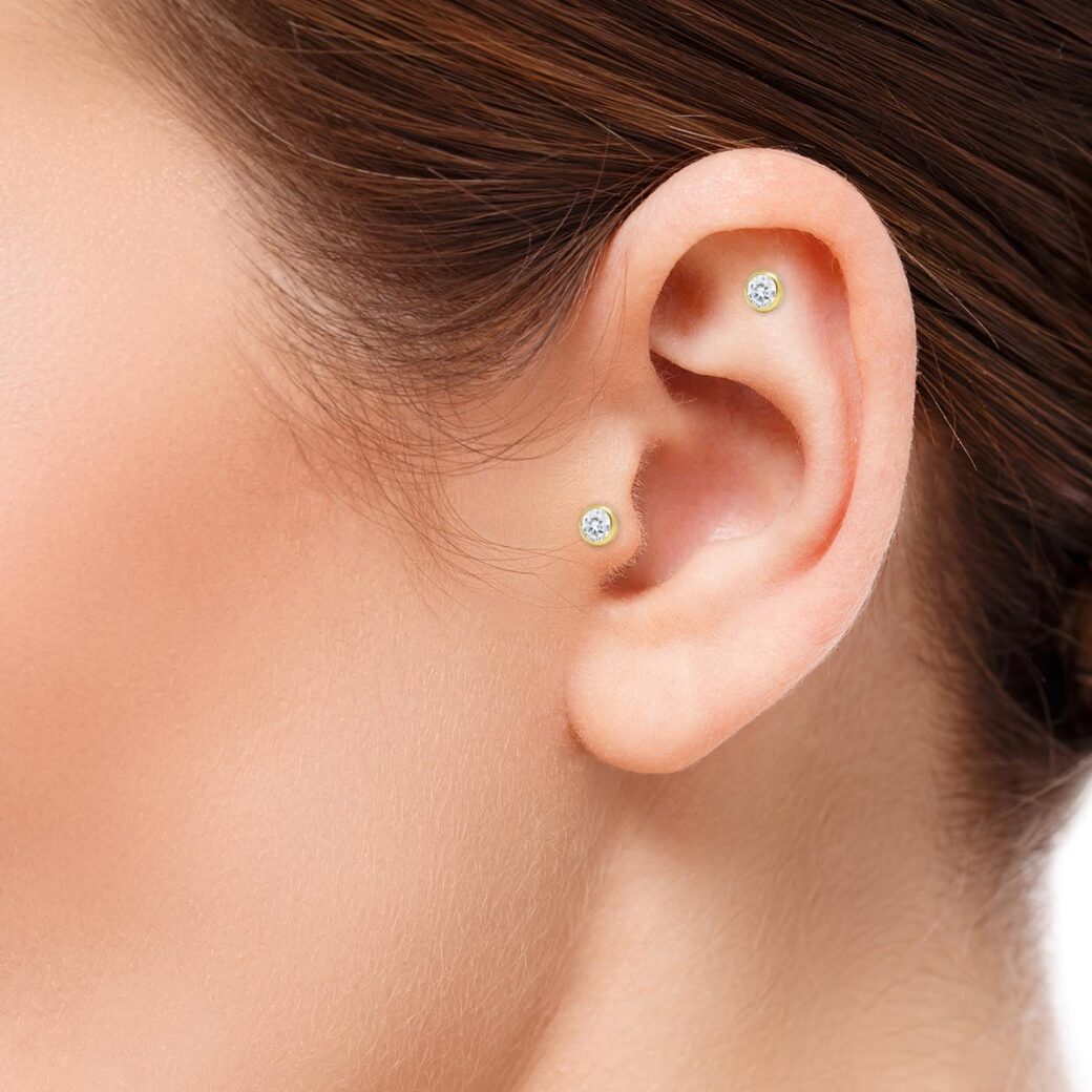 9K keltakultainen labret lävistyskoru zirkonilla - Image 3