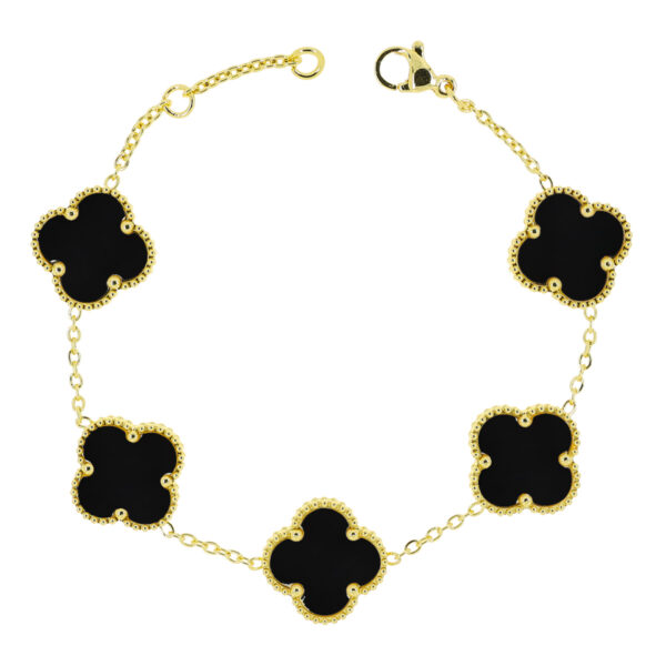 Teräsrannekoru kullattu mustilla kukilla 17+2cm