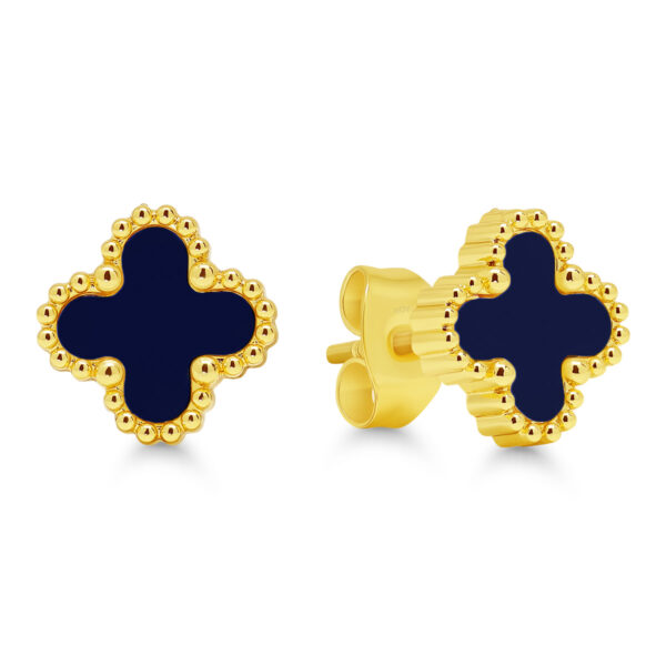 Teräskorvakorut kullattu kukka mustalla keskustalla 9,4mm