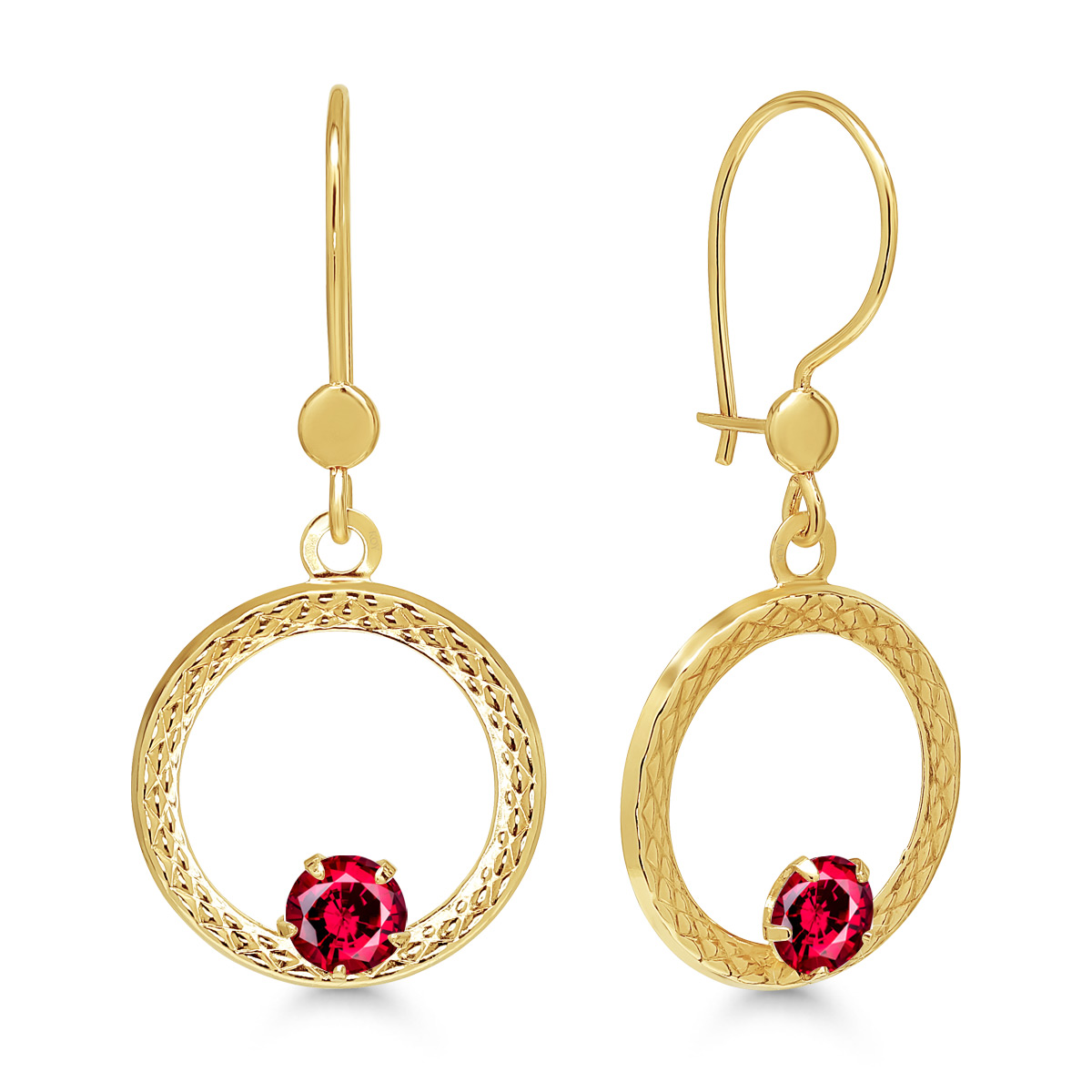 Roikkuvat kultakorvakorut avoympyrä punaisilla zirkoneilla 13,5mm
