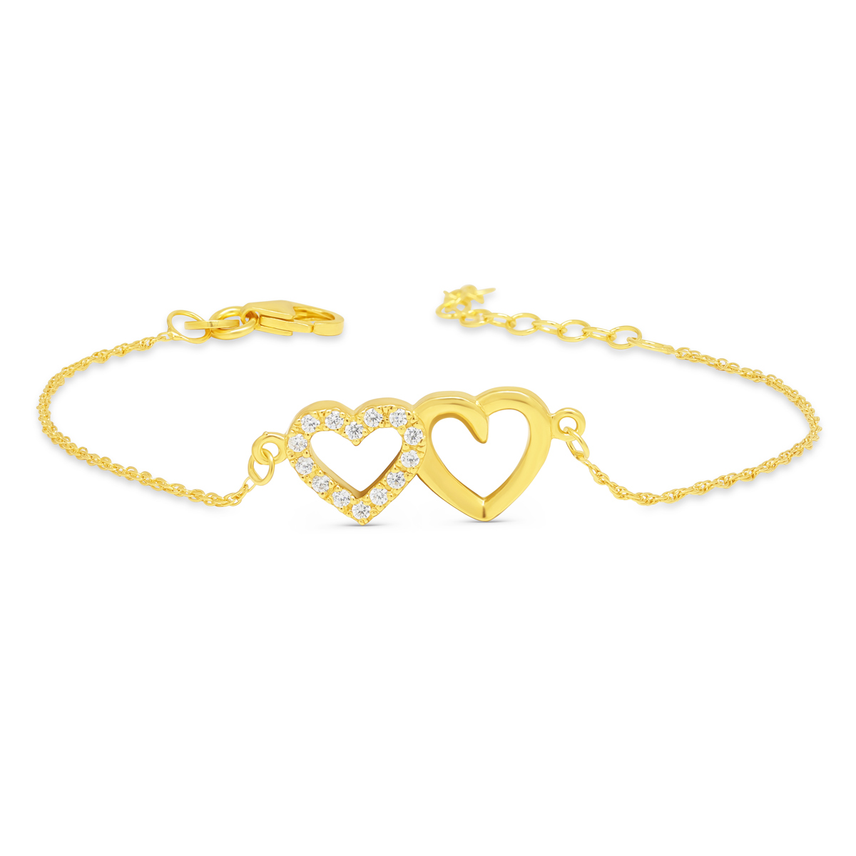 Kullattu hopearannekoru kahdella sydämellä ja zirkoneilla